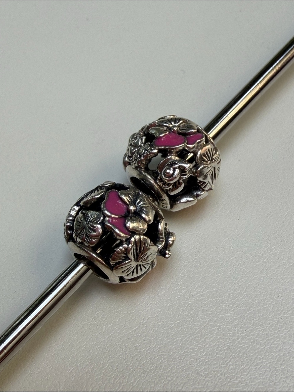 Pandora Garden Whimsy Silver Floral Charm Beads with Pink Enamel Accents